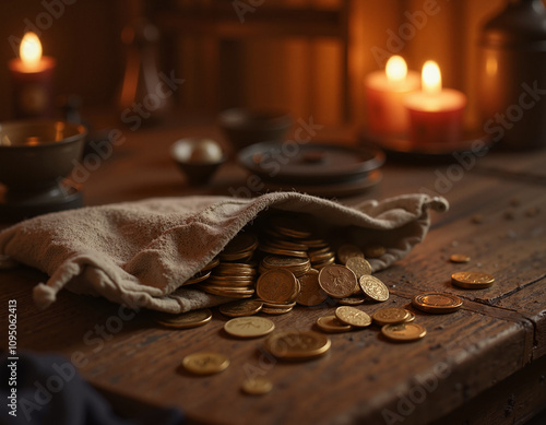 Sack of gelt coins spilling onto rustic wooden table with warm candlelight
 photo