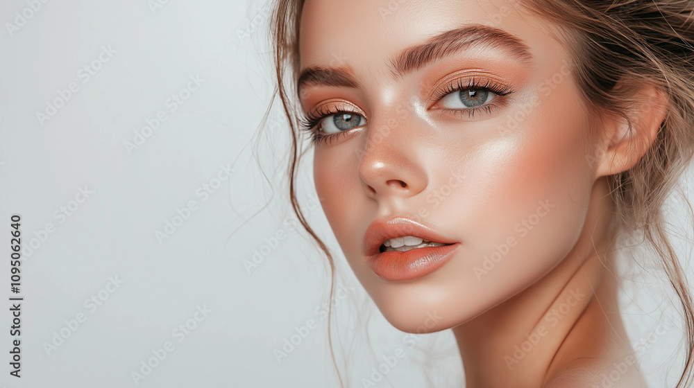 A model with a well-groomed and natural makeup look, wearing soft pink lipstick on her full lips, showcasing the smooth texture of their skin. A model with a well-groomed and natural makeup look, wearing soft pink lipstick on her full lips, showcasing the smooth texture of their skin.