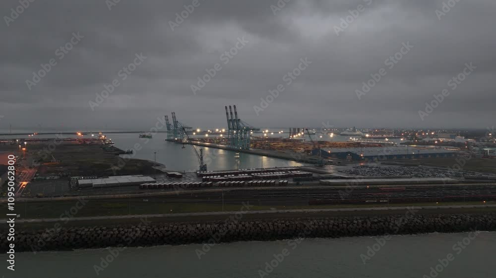 A tranquil evening over the bustling port with shimmering lights reflected A tranquil evening over the bustling port with shimmering lights reflected