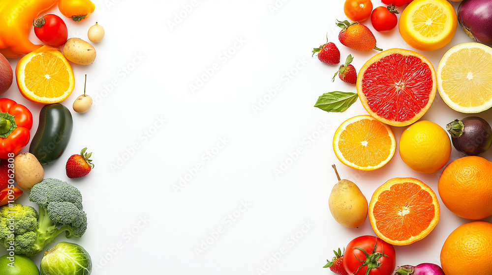Fruit and vegetable background with space for text isolated on white, panoramic view. Fruit and vegetable background with space for text isolated on white, panoramic view.
