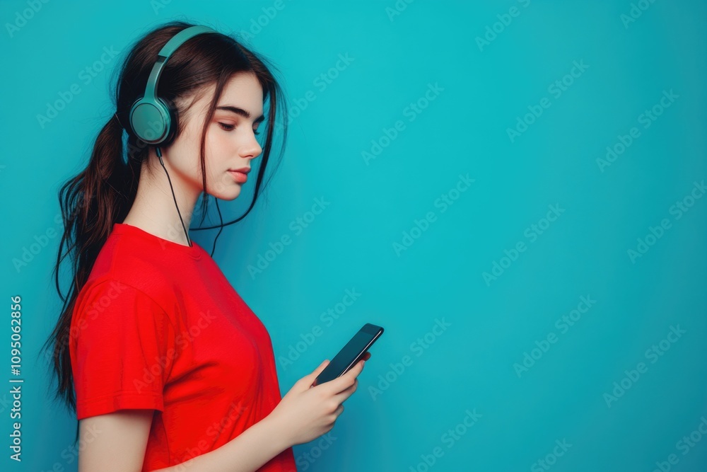 A person sitting with headphones on, looking at their smartphone A person sitting with headphones on, looking at their smartphone