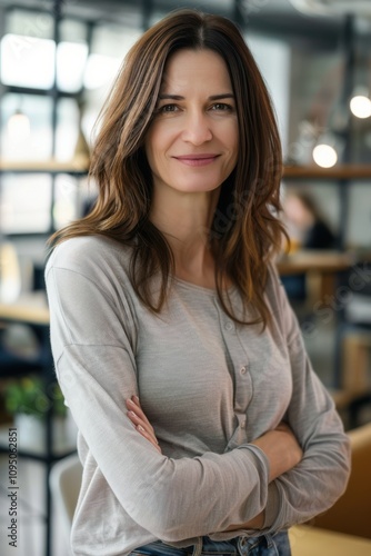 Free Download Smiling businesswoman in her 40s with long brown hair, wearing a casual gray top, exuding confidence and approachability in a modern office environment - GFXLoad