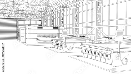 Contour visualization of the production workshop interior with wide format industrial UV plotters and printers. 3d illustration