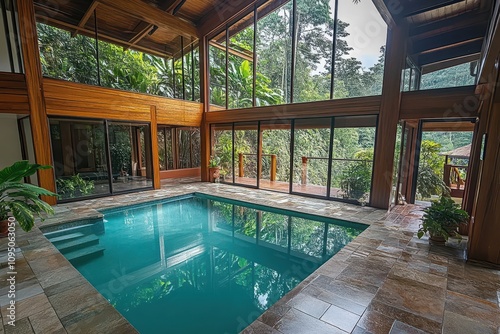 A serene indoor pool surrounded by large windows and lush greenery.