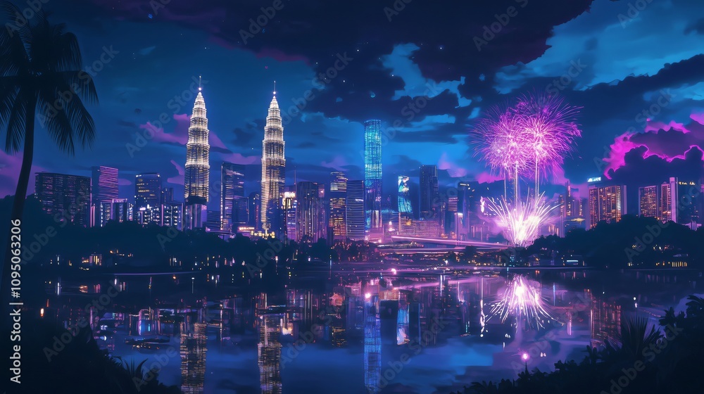 Fototapeta premium Petronas twin towers reflecting on water with fireworks celebrating over kuala lumpur skyline at night