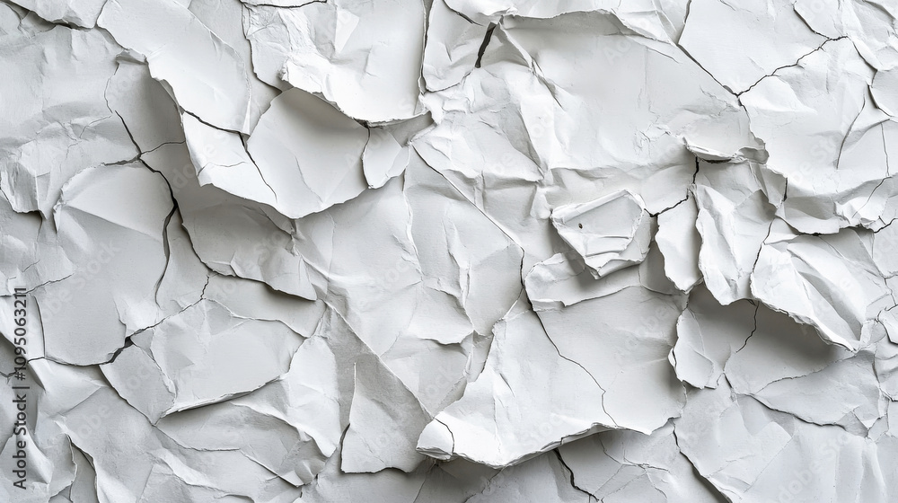 Textured and crumpled white paper creating an abstract background design with depth