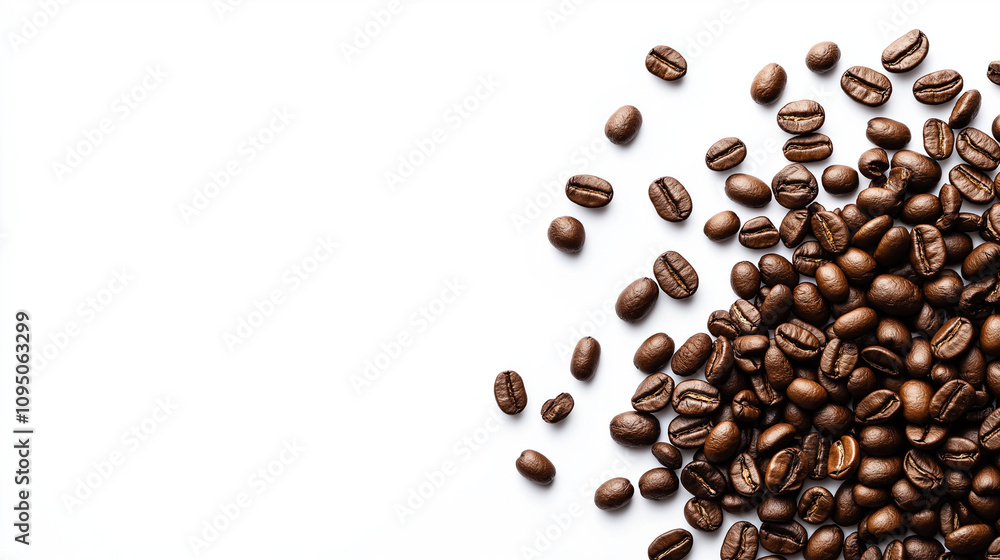 Photo of coffee beans scattered on the right, on a white background, with high resolution Photo of coffee beans scattered on the right, on a white background, with high resolution