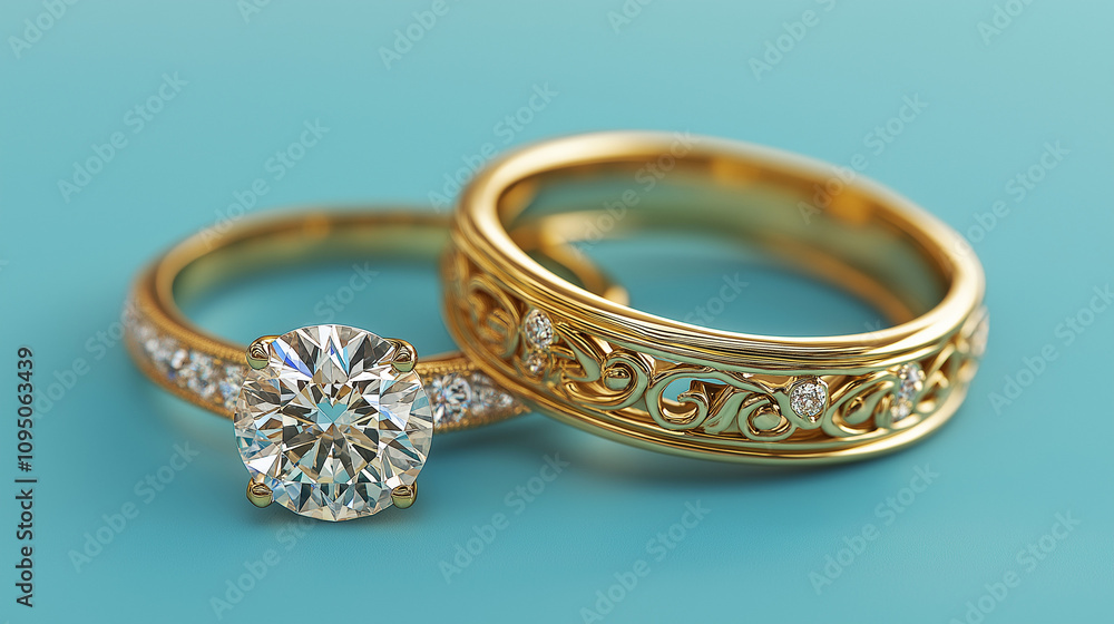 An elegant gold engagement ring with a diamond, isolated on a blue background. An elegant gold engagement ring with a diamond, isolated on a blue background.