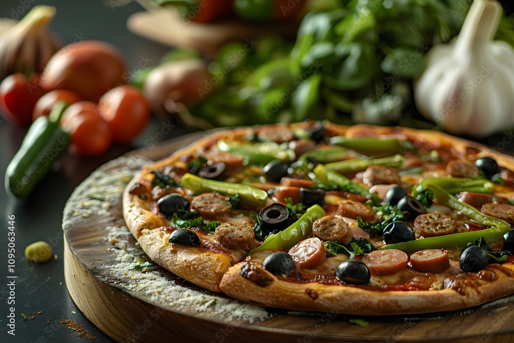 Delicious pizza with sausage, green peppers, and black olives. Delicious pizza with sausage, green peppers, and black olives.