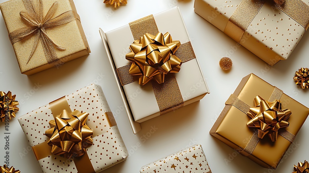 Gold and beige gift boxes with bows on white background. Gold and beige gift boxes with bows on white background.
