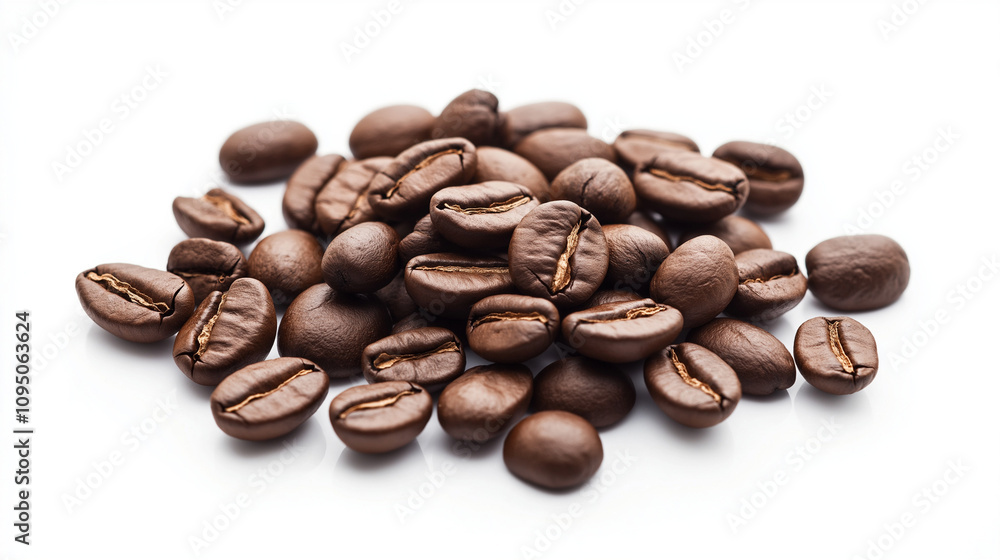 Naklejka premium Photo of coffee beans scattered on the right, on a white background, with high resolution