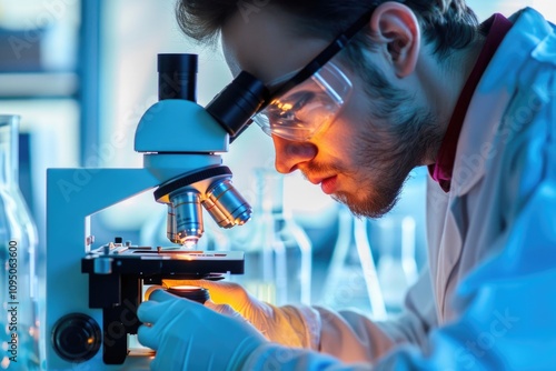 A scientist examines a microscopic sample with a magnifying glass, a simple yet effective tool for observing tiny details