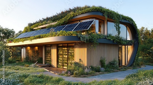 A modern green home with a curved design, featuring a living roof covered in native plants and solar panels