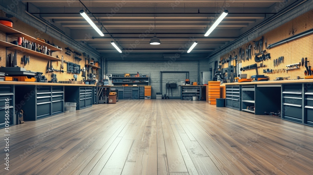 A spacious workshop filled with tools and equipment for various projects. A spacious workshop filled with tools and equipment for various projects.