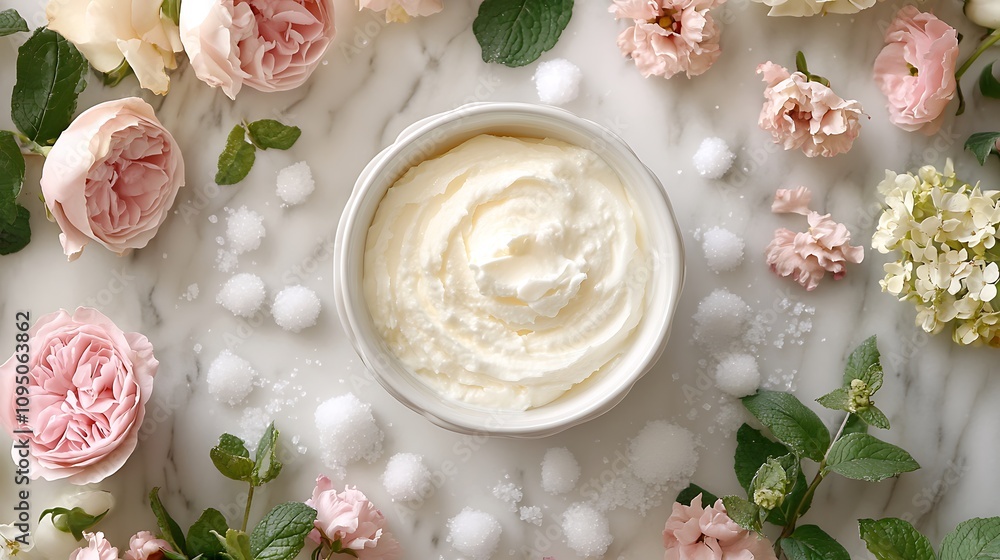 A classic dessert prep scene featuring heavy cream, caster sugar, gelatin sheets, and ramekins styled on a marble countertop, surrounded by scattered sugar crystals and fresh flowers, A classic dessert prep scene featuring heavy cream, caster sugar, gelatin sheets, and ramekins styled on a marble countertop, surrounded by scattered sugar crystals and fresh flowers,