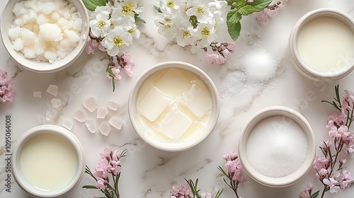 A classic dessert prep scene featuring heavy cream, caster sugar, gelatin sheets, and ramekins styled on a marble countertop, surrounded by scattered sugar crystals and fresh flowers, photo