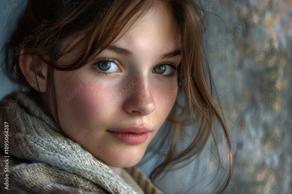 A young woman wearing a scarf looks directly at the camera, expression neutral A young woman wearing a scarf looks directly at the camera, expression neutral