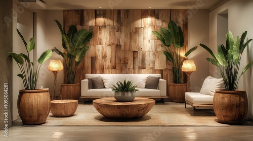 A modern, sustainable living room with furniture made from reclaimed wood, zero-waste decor, and energy-efficient lighting.