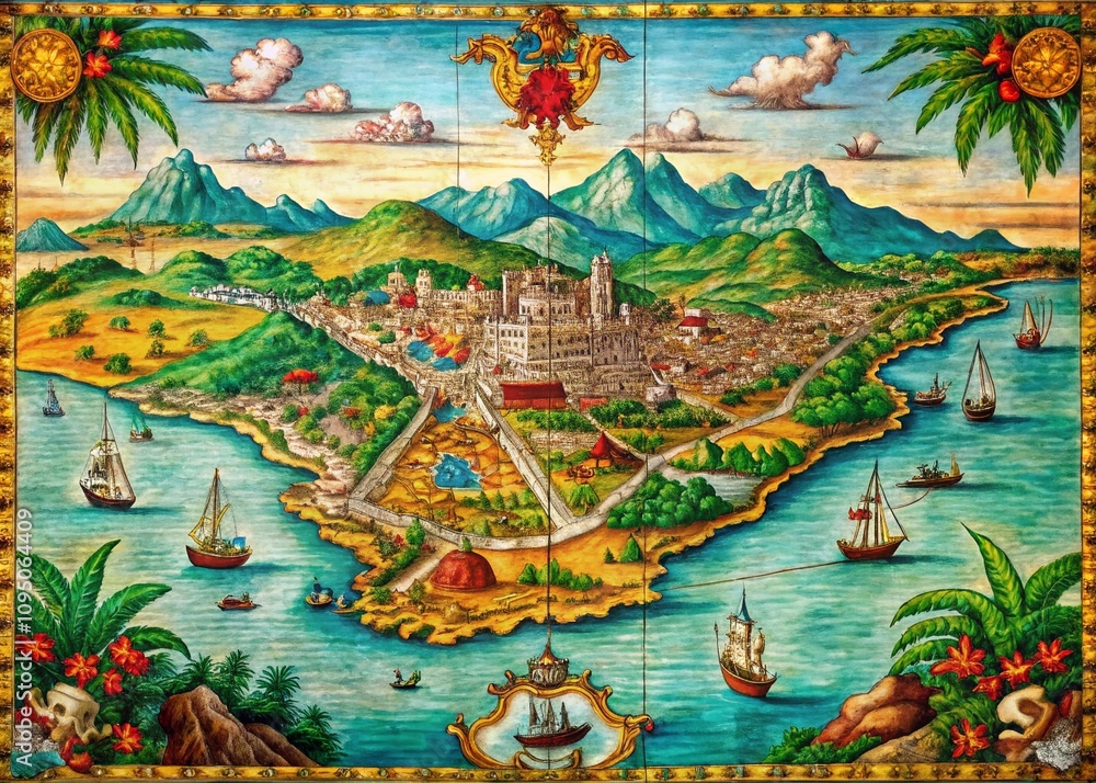 Fototapeta premium Panoramic View of an Ancient Antigua Map Featuring Detailed Historical Landmarks and Vibrant Colors, Perfect for Educational and Decorative Purposes in Various Contexts