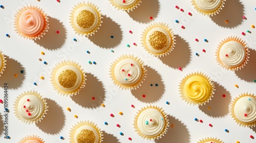 A clean and modern flat lay of marzipan, edible gold leaf, cupcake liners, and icing tubes, styled on a seamless white background with delicate shadows and pops of color from sprinkles, hd quality, photo