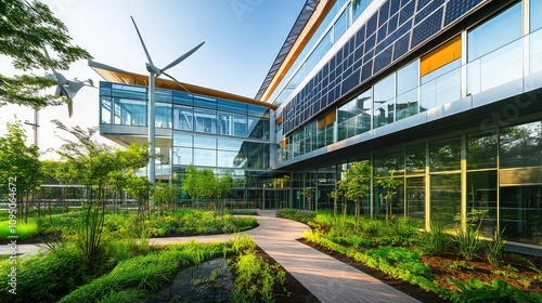 A modern urban building with solar-powered glass walls and wind turbines built into its structure. 