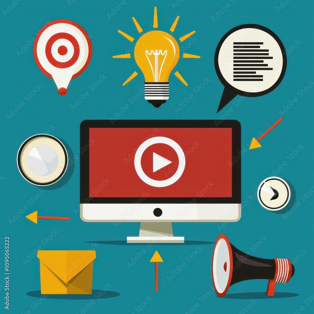 Advertising goals concept featuring computer screen with target icons creative workspace digital marketing engaging visuals modern design perspective