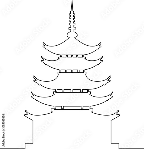 Pagoda silhouette one line art vector