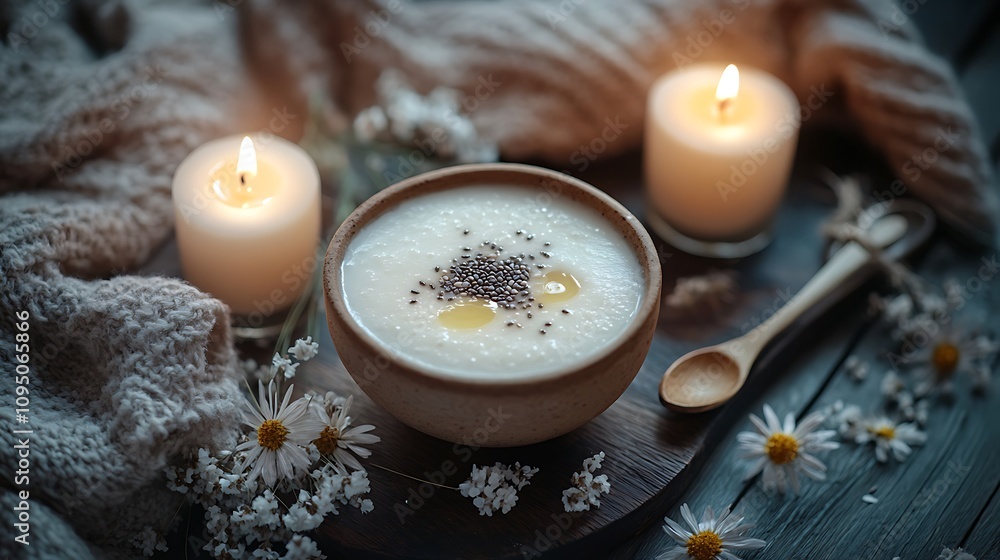 A cozy baking scene with almond milk, coconut oil, chia seeds, and agave syrup arranged on a dark wooden surface, illuminated by soft candlelight and accented with scattered dried flowers, hd quality, A cozy baking scene with almond milk, coconut oil, chia seeds, and agave syrup arranged on a dark wooden surface, illuminated by soft candlelight and accented with scattered dried flowers, hd quality,