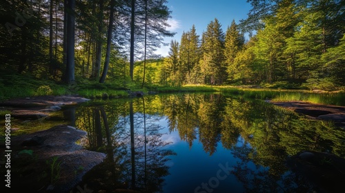 Serene Forest Pond Reflecting Lush Trees