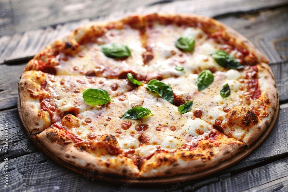 A freshly baked pizza sitting on top of a wooden table, ready to be enjoyed A freshly baked pizza sitting on top of a wooden table, ready to be enjoyed