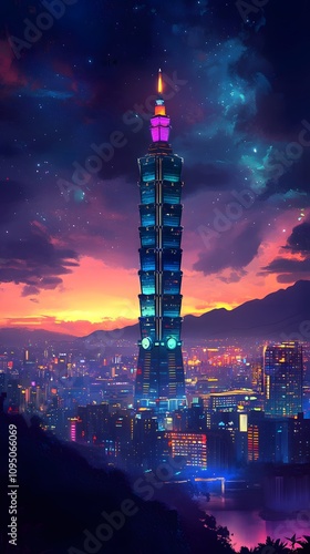 A vibrant illustration of the night view of Taiwan's skyline, including the incredibly tall buildings that soar over the mountains and sea