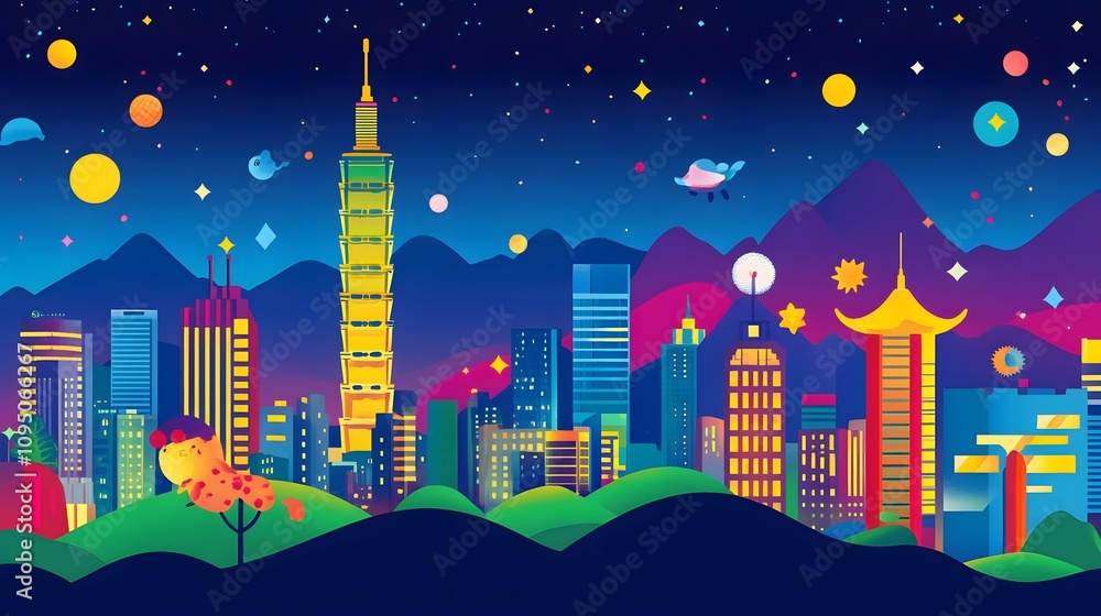 Fototapeta premium A vibrant illustration of the night view of Taiwan's skyline, including the incredibly tall buildings that soar over the mountains and sea