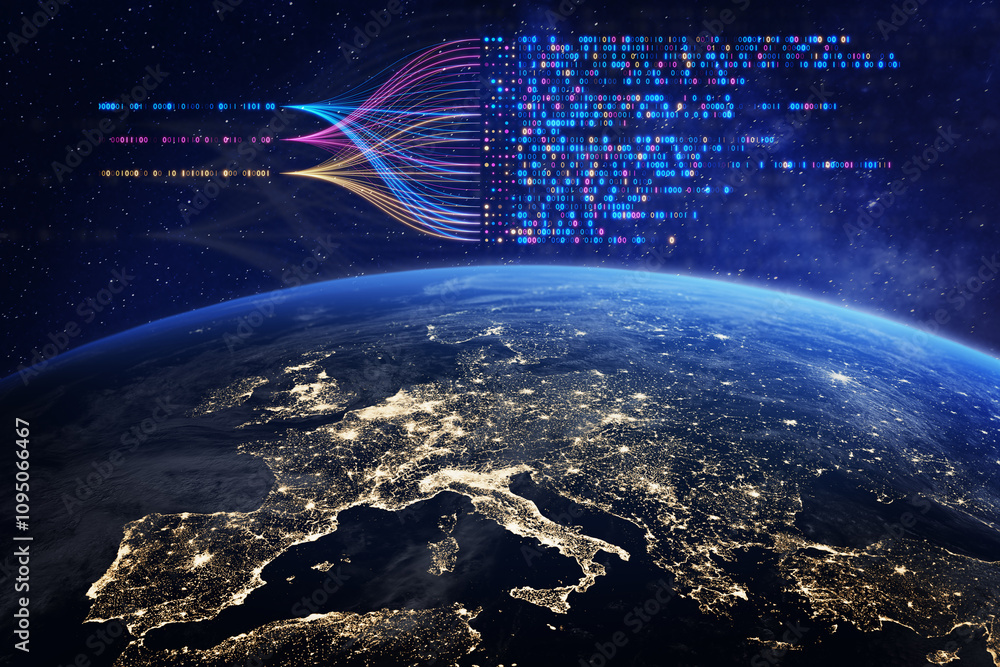 AI and big data optimizing and automating business workflow on a global scale. Automation, analytics, data stream, digital transformation, neural network technology.