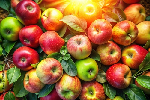 Panoramic View of Ripe Garden Apples Surrounded by Lush Green Leaves in a Sunlit Orchard, Capturing the Natural Beauty and Bounty of Fresh Fruits Ready for Harvest