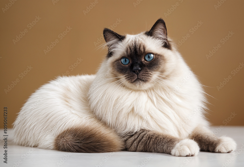 A fluffy Ragdoll cat rests with bright blue eyes. A fluffy Ragdoll cat rests with bright blue eyes.