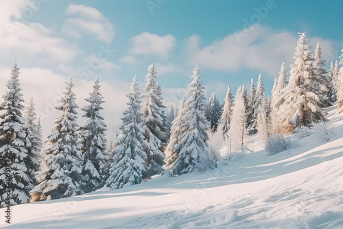 Snow-covered pine trees on a sunny winter day.