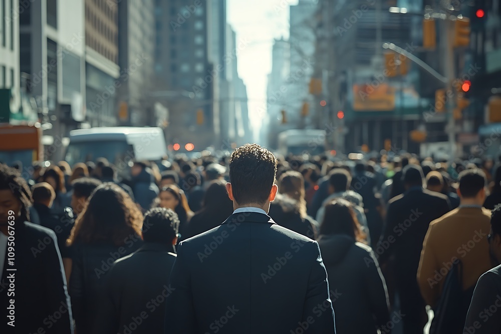 Dark-Haired Man Walking City Street Crowd Back View Dark-Haired Man Walking City Street Crowd Back View