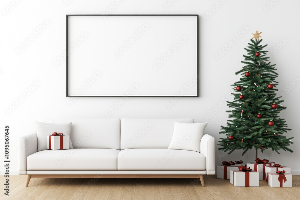 Scandinavian Christmas Living Room, festive atmosphere with a decorated tree, gift boxes, cozy white sofa, modern minimalist decor. Scandinavian Christmas Living Room, festive atmosphere with a decorated tree, gift boxes, cozy white sofa, modern minimalist decor.