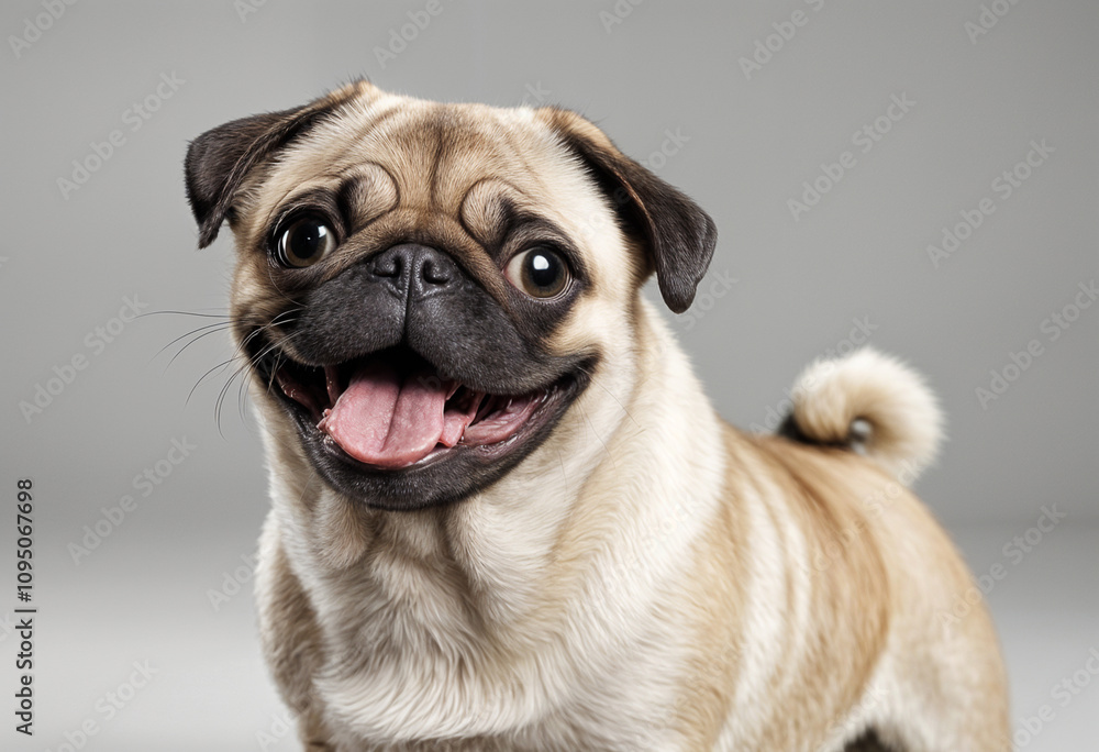 Happy fawn pug dog happily poses for a photo. Happy fawn pug dog happily poses for a photo.