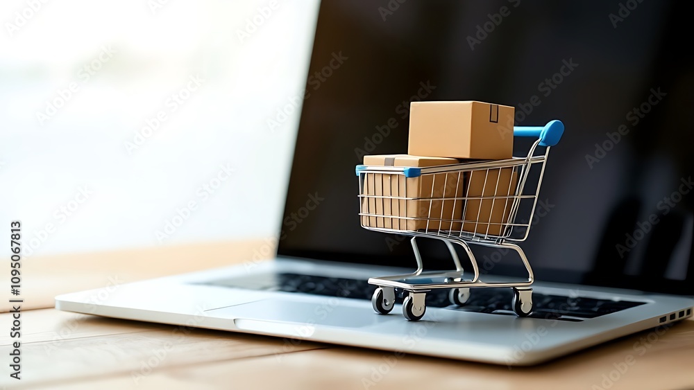 Selective focus of toy shopping cart with small carton boxes on laptop isolated on white, e-commerce concept Selective focus of toy shopping cart with small carton boxes on laptop isolated on white, e-commerce concept