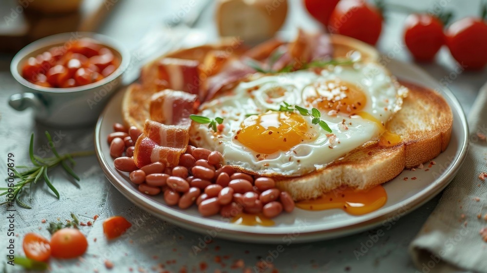 Fried Eggs with Bacon and Baked Beans on Toast Fried Eggs with Bacon and Baked Beans on Toast