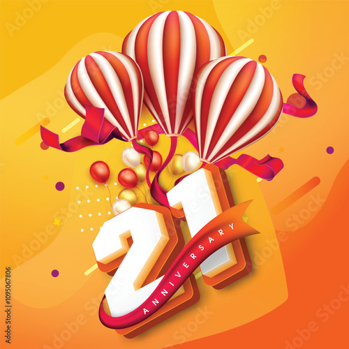 Colorful 21st anniversary design with striped balloons, festive ribbons, and vibrant balloons against a bright orange-yellow background, celebrating a joyful milestone.