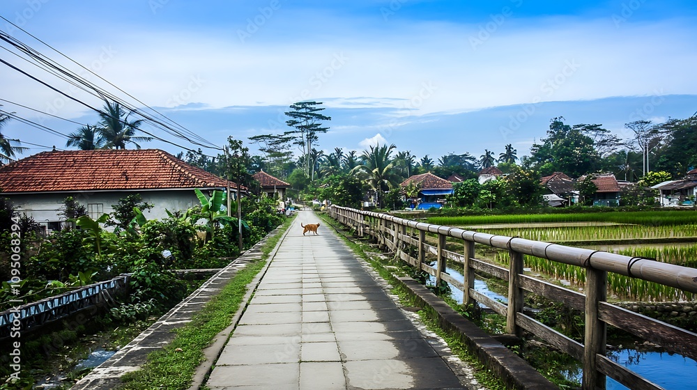 Obraz premium A Cat Walking on a Stone Path in a Rural Village
