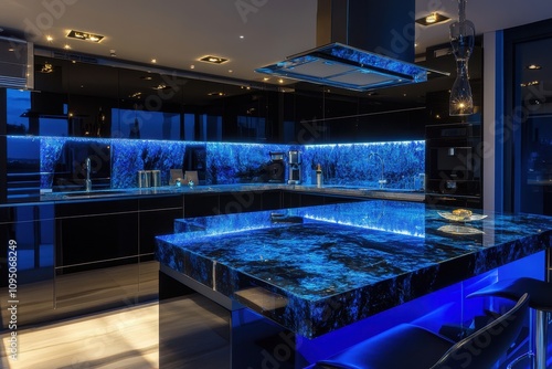 Modern kitchen with sleek design, illuminated features, and a stylish countertop.