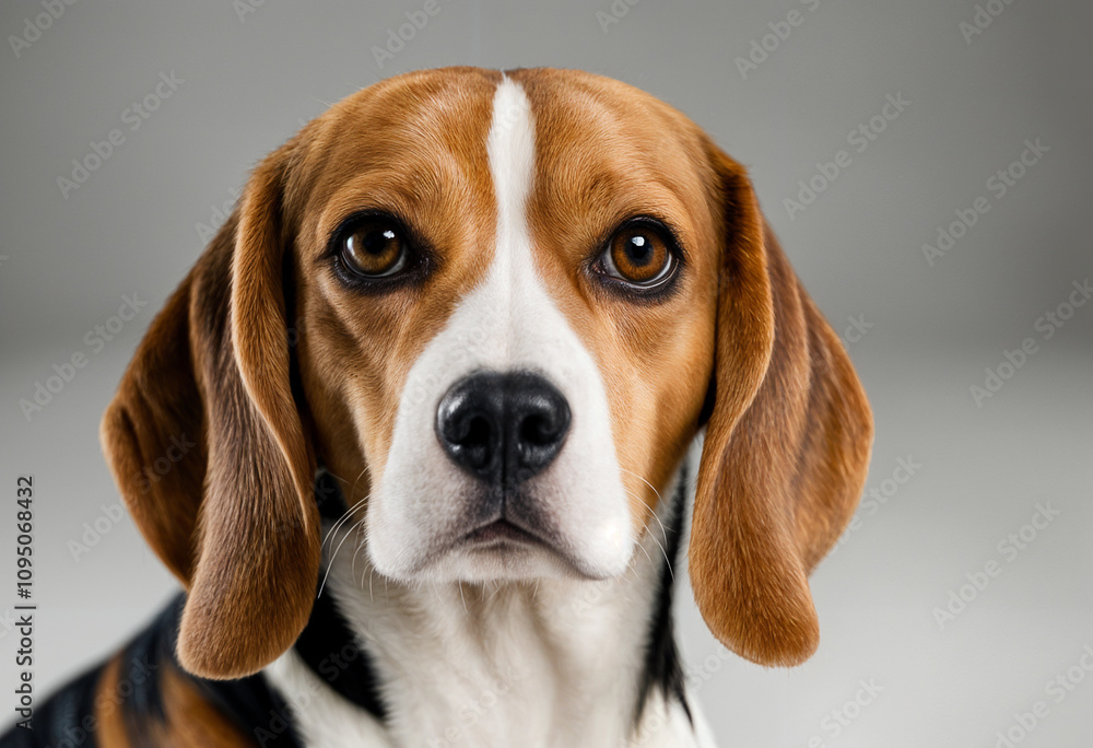 A beagle stares intently directly ahead with brown eyes. A beagle stares intently directly ahead with brown eyes.
