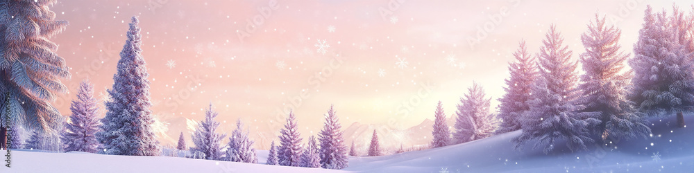 Ultra wide angle view of evergreen forest pink and orange sky snowing over the forest winter scene of pine forest with copy space for text Ultra wide angle view of evergreen forest pink and orange sky snowing over the forest winter scene of pine forest with copy space for text
