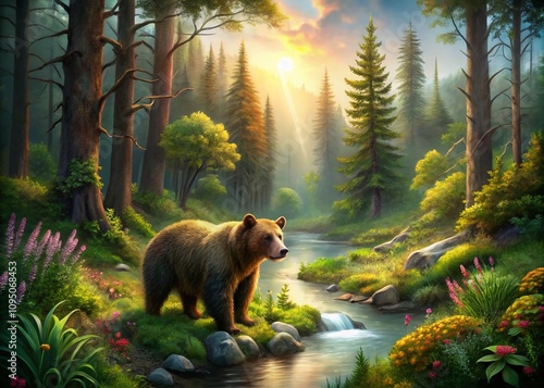 Playful Bear in a Forest Setting Emphasizing the Rule of Thirds with Smoky Effects for Educational and Environmental Awareness Themes