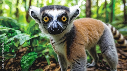 Captivating Ring-Tailed Lemur in Lush Green Jungle Backdrop | Wildlife Photography | Madagascar Primate Habitat | Nature Conservation | Endangered Species photo