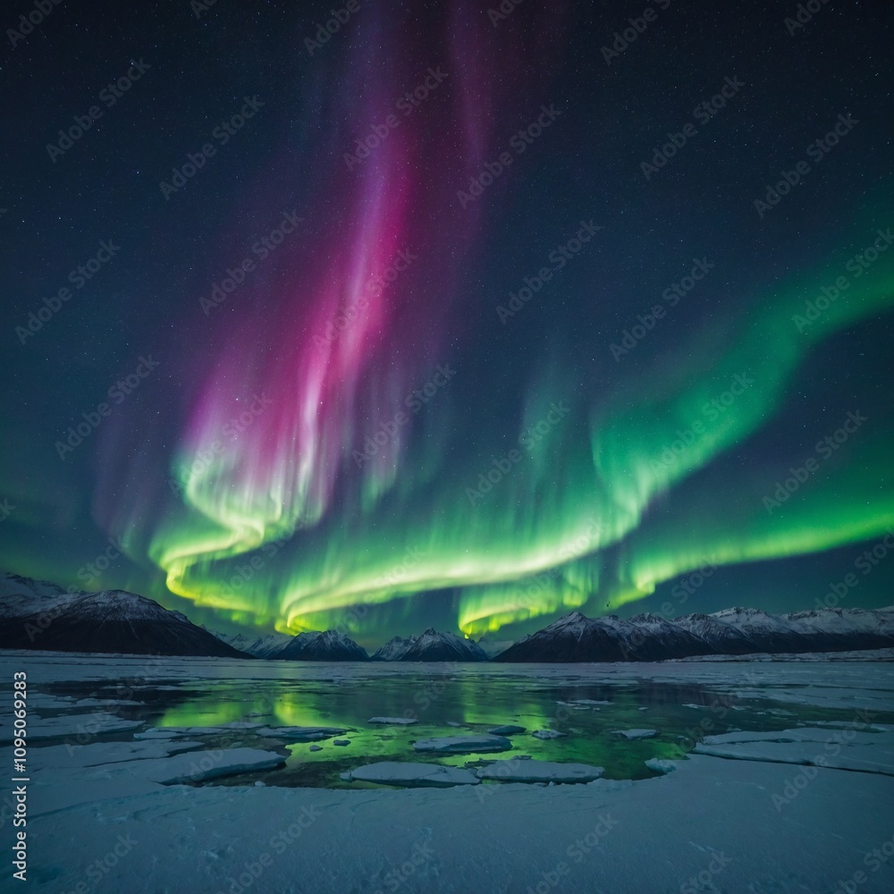 A serene Arctic landscape with an aurora borealis dancing over a frozen fjord.
A serene Arctic landscape with an aurora borealis dancing over a frozen fjord.