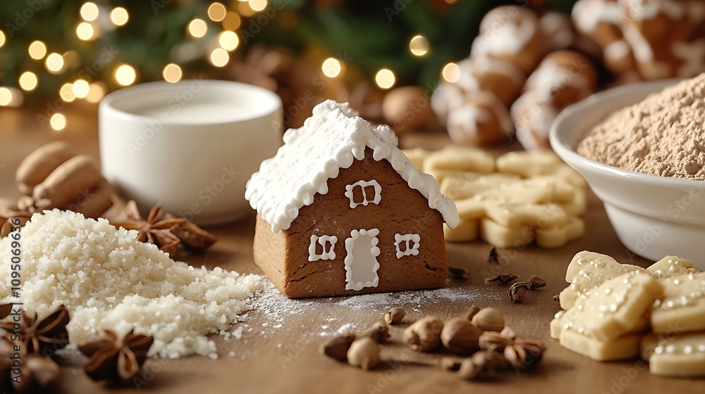 A festive holiday baking setup showing ginger powder, cloves, molasses, and sugar icing tubes, with gingerbread houses partially assembled and holiday lights twinkling in the background, hd quality, A festive holiday baking setup showing ginger powder, cloves, molasses, and sugar icing tubes, with gingerbread houses partially assembled and holiday lights twinkling in the background, hd quality,